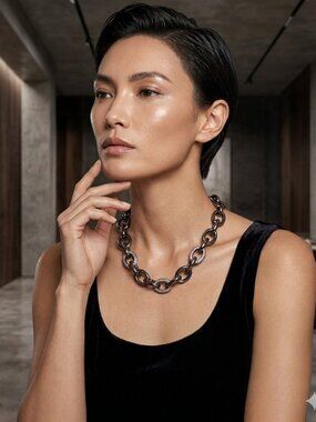 Brown Chunky Chain Link Necklace with Pave Crystal Links 16 Inch.